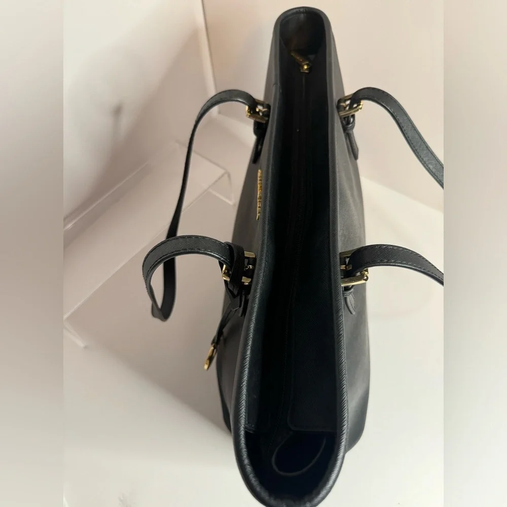 #143 Michael Kors Jet Set Travel Large Top Zip Black Leather Shoulder Tote - Picture 8 of 17